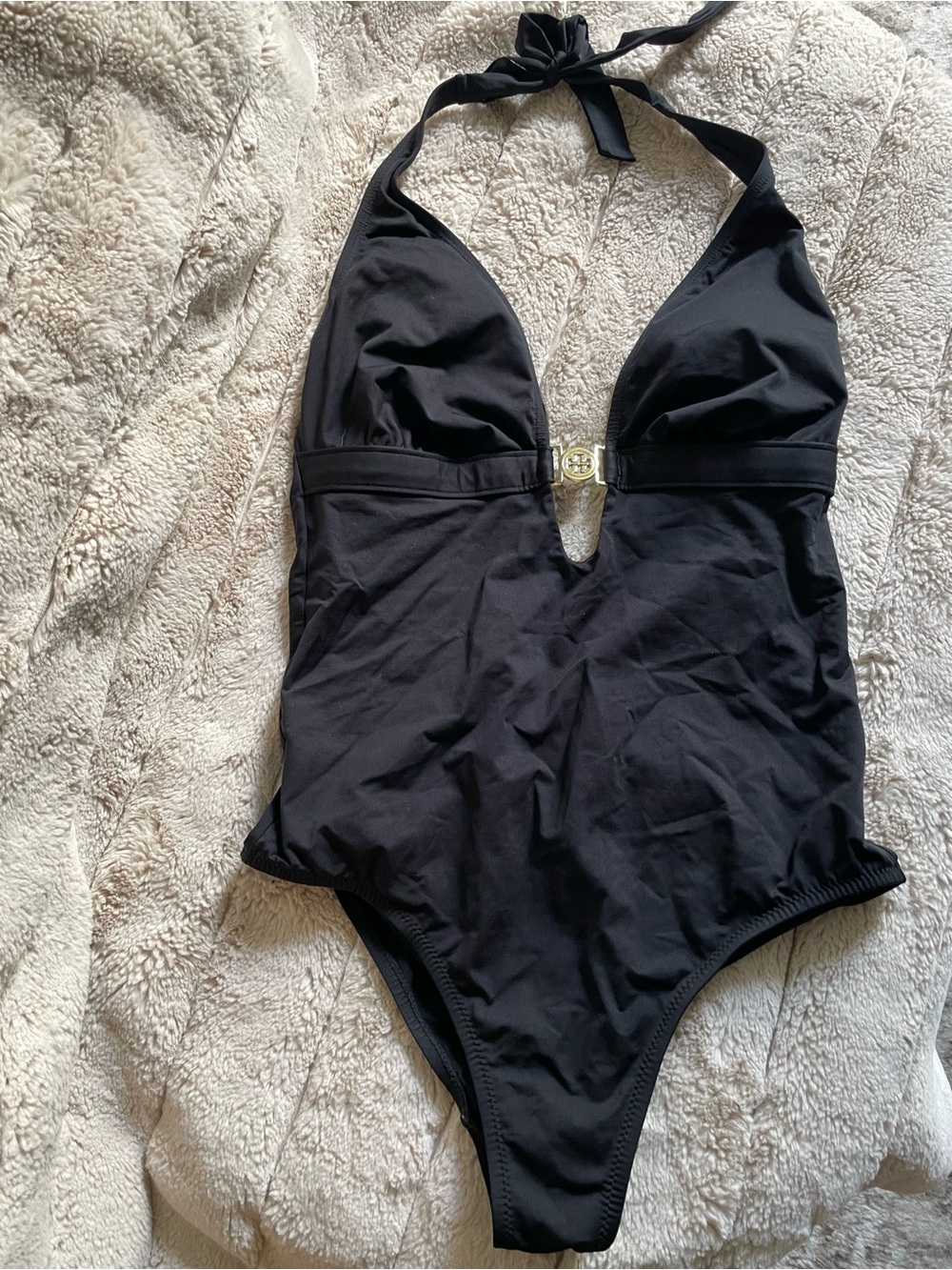 Tory Burch Black Halter One-Piece Swimsuit with Logo Accent